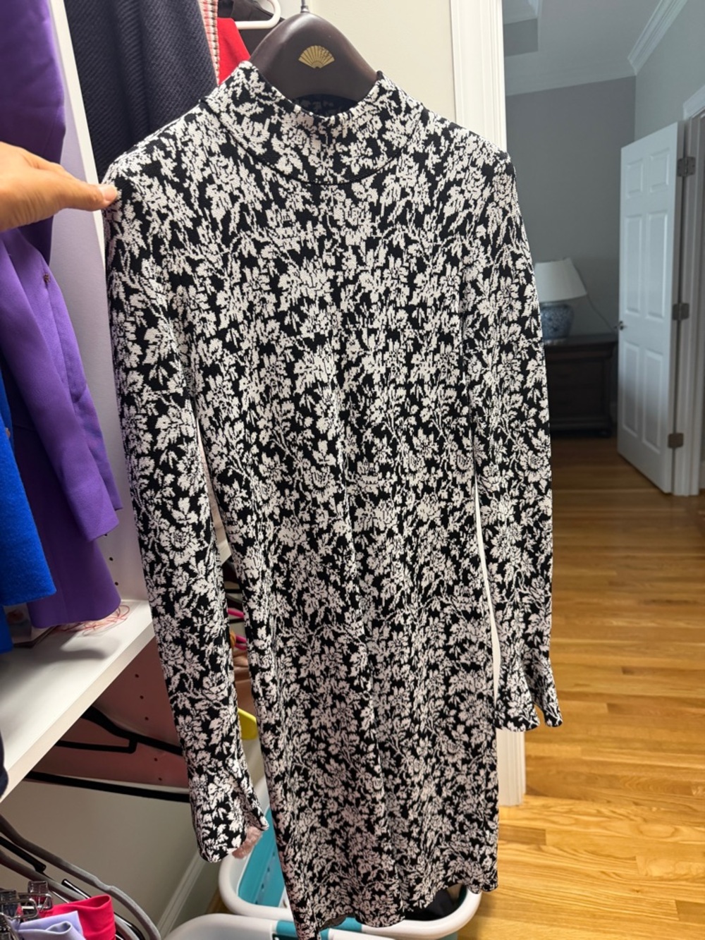 Michael Kors Black and White Floral Long-Sleeve Mock Neck Dress